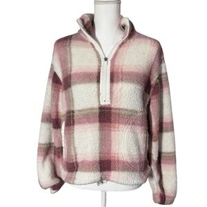 No Boundaries Sherpa Fleece Pullover Small Pink Plaid Half Zip Cozy Teddy Jacket